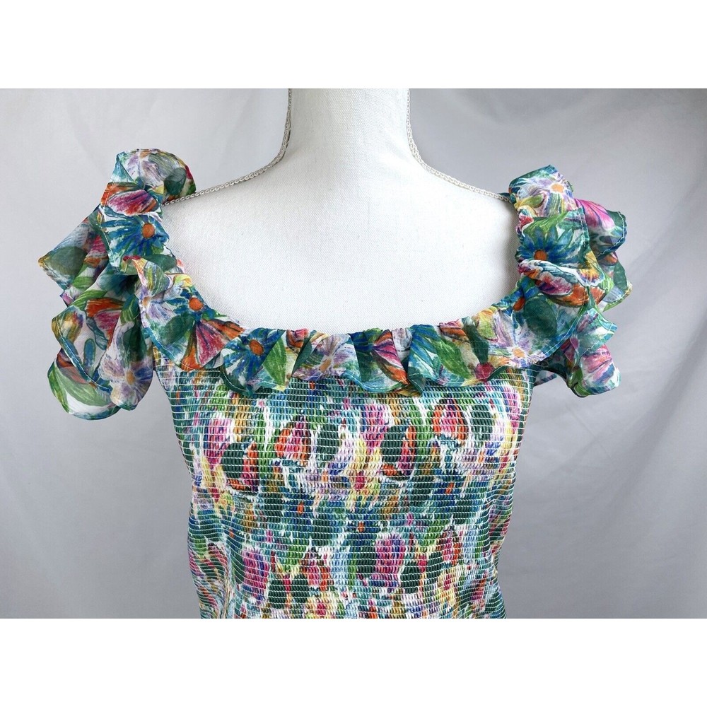 ASTR The Label XL Green Pink Blue Floral Smocked Sleeveless Dress Flutter Sleeve - Picture 2 of 12
